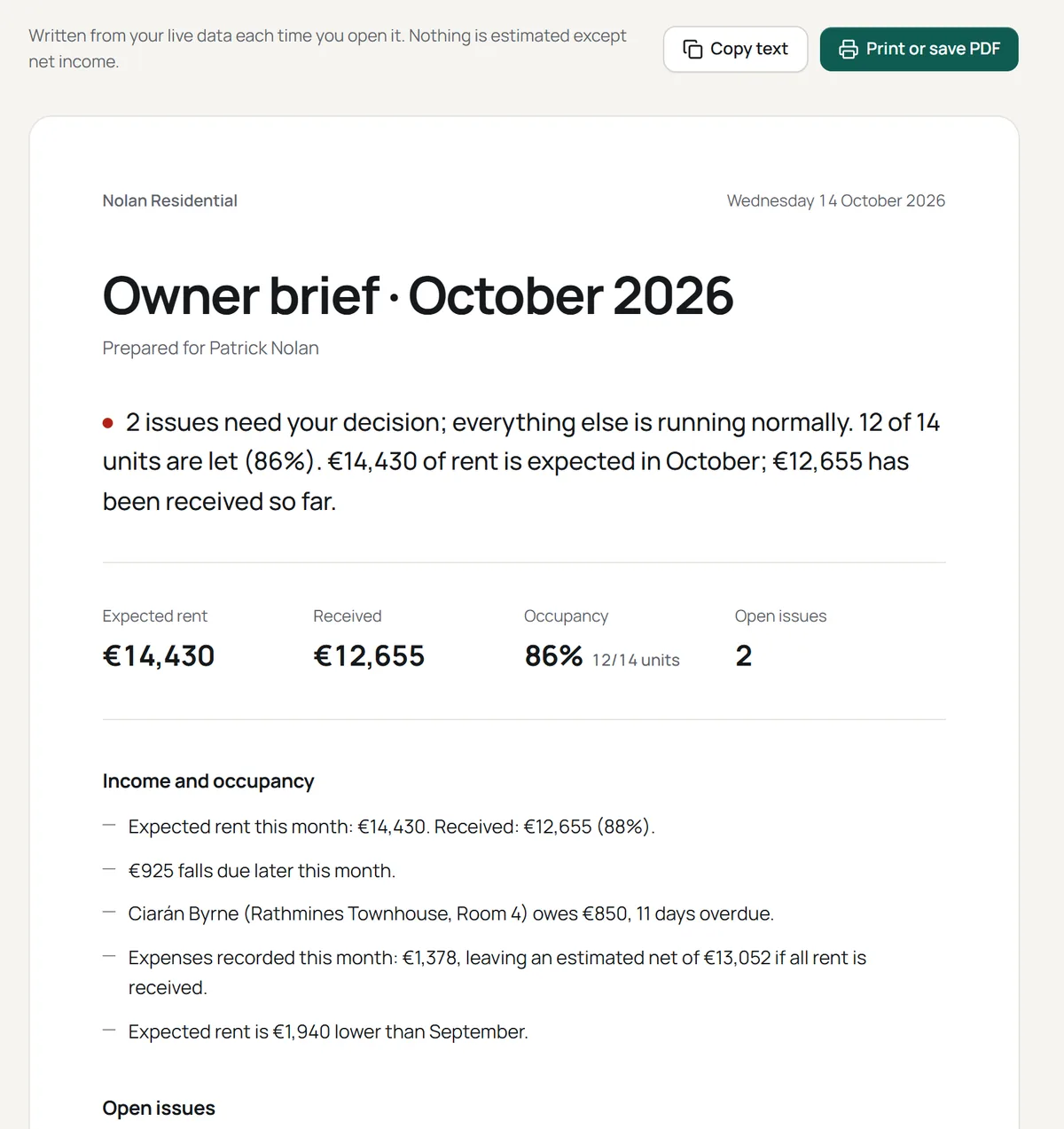 Propgest Owner Brief summarising the month's rent, occupancy and open issues