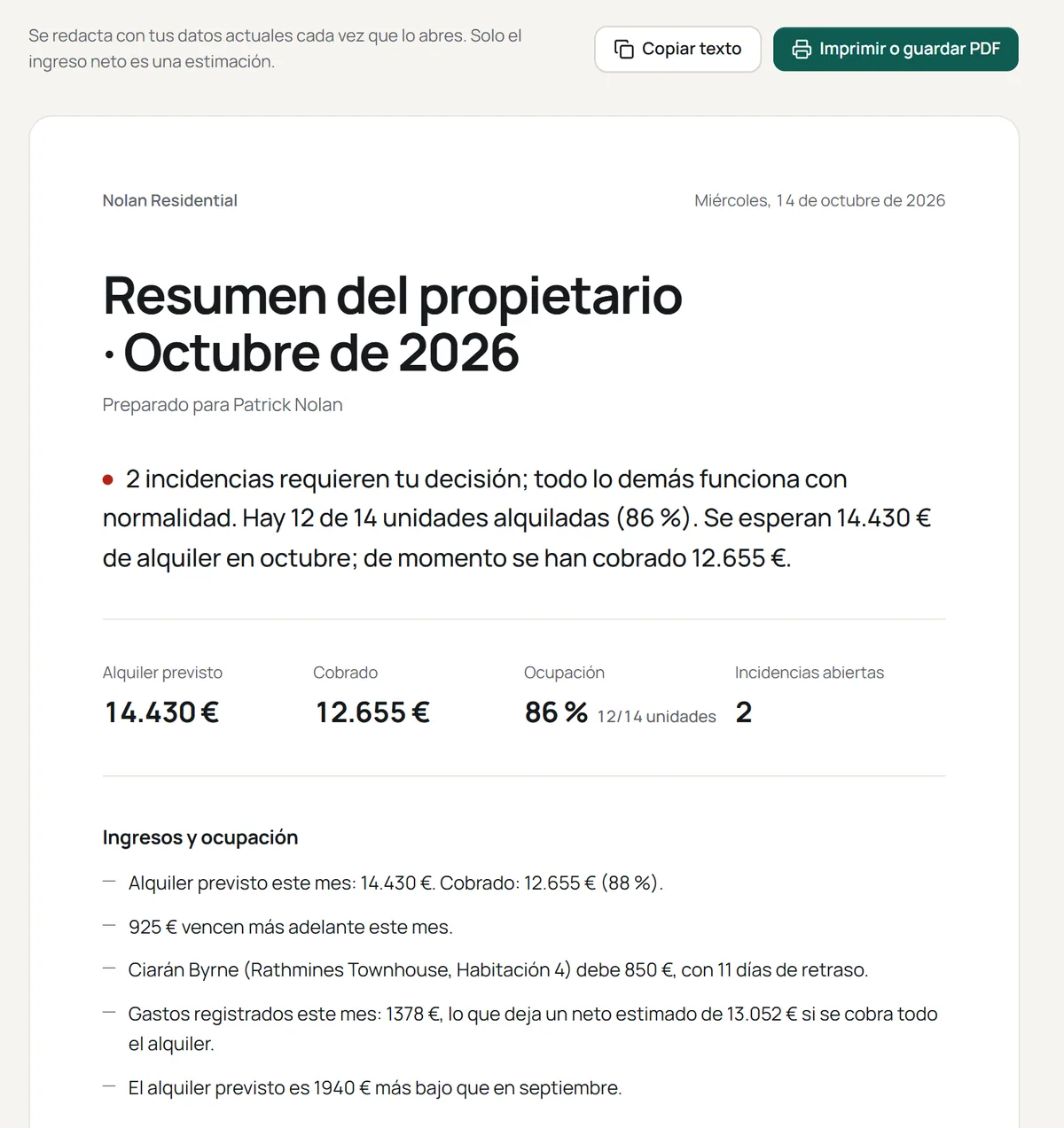 Resumen del propietario de Propgest con los cobros del mes, la ocupación y las incidencias abiertas