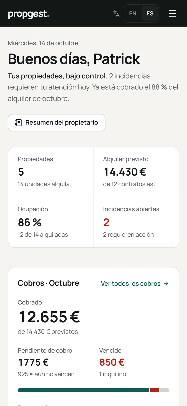 Propgest en un móvil, mostrando la pantalla de inicio