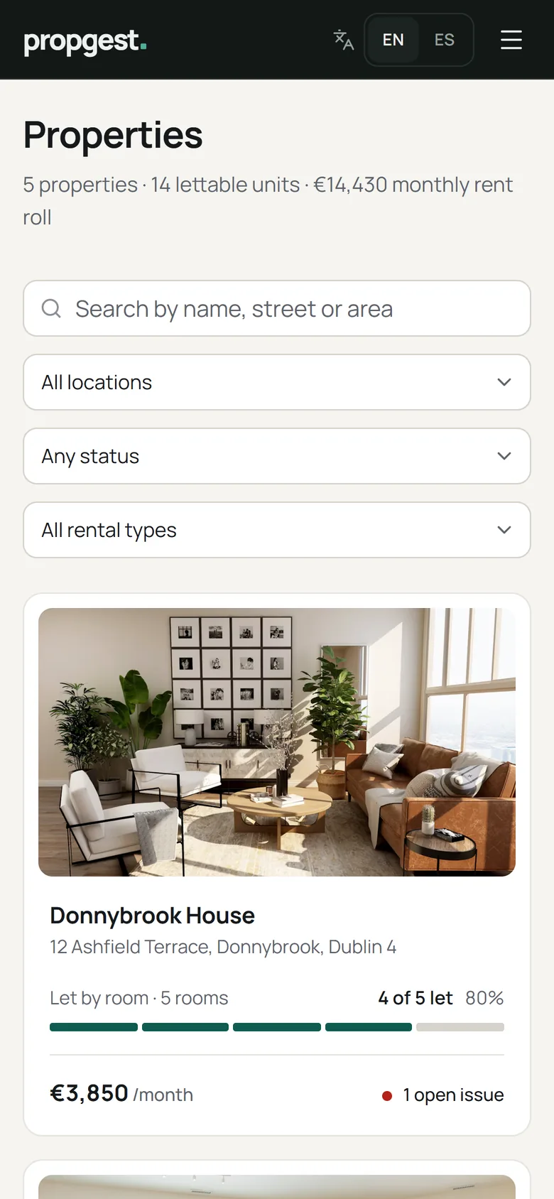 Propgest properties list on a phone
