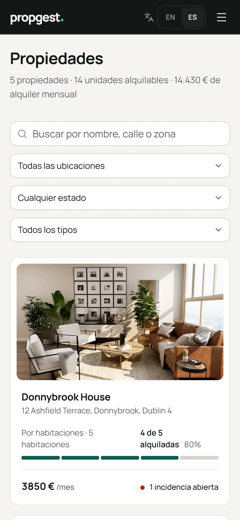 Listado de propiedades de Propgest en un móvil