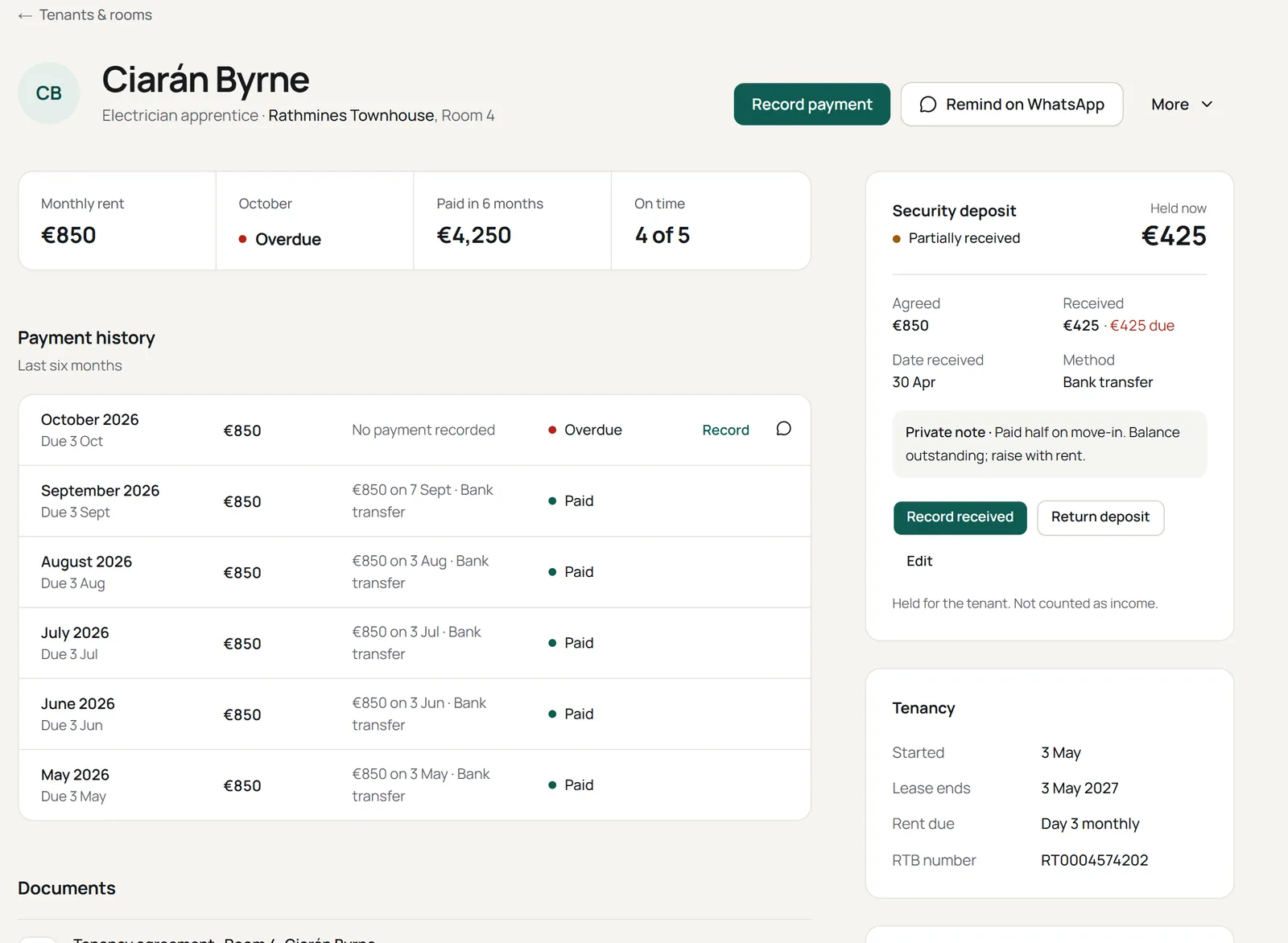 Propgest tenant page with payment history, security deposit and tenancy details